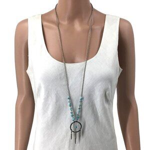 Dream Catcher Necklace Long Length Silver Tone Blue Beads